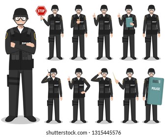 Police people concept. Detailed illustration of american policeman, sheriff, SWAT officer standing in different poses in flat style isolated on white background. Vector illustration