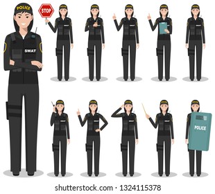 Police people concept. Detailed illustration of american policewoman, sheriff, SWAT officer standing in different poses in flat style isolated on white background. Vector illustration.