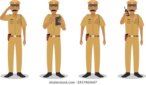 Police people concept. Illustration of indian policeman standing in different poses in flat style isolated on white background. Flat design people characters. Vector illustration.