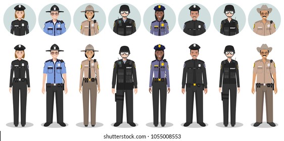 Police people concept. Set of different detailed illustration and avatars icons of SWAT officer, policeman, policewoman and sheriff in flat style on white background. Vector illustration.