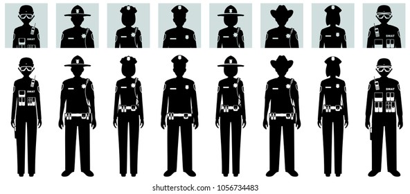 Police people concept. Set of different black silhouettes and avatars icons of SWAT officer, policeman, policewoman and sheriff in flat style on white background. Vector illustration.