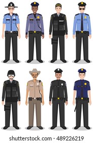 Police people concept. Set of different detailed illustration of SWAT officer, policeman and sheriff in flat style on white background. Vector illustration.