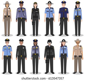 Police people concept. Set of different detailed illustration of SWAT officer, policeman, policewoman and sheriff in flat style on white background. Vector illustration
