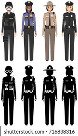 Police people concept. Set of different detailed illustration and silhouettes of SWAT officer, policeman, policewoman and sheriff in flat style on white background. Vector illustration.