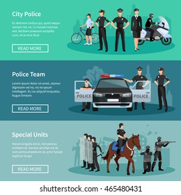 Police people flat horizontal banners set of special units mounted police city police and police team with official vehicles vector illustration 