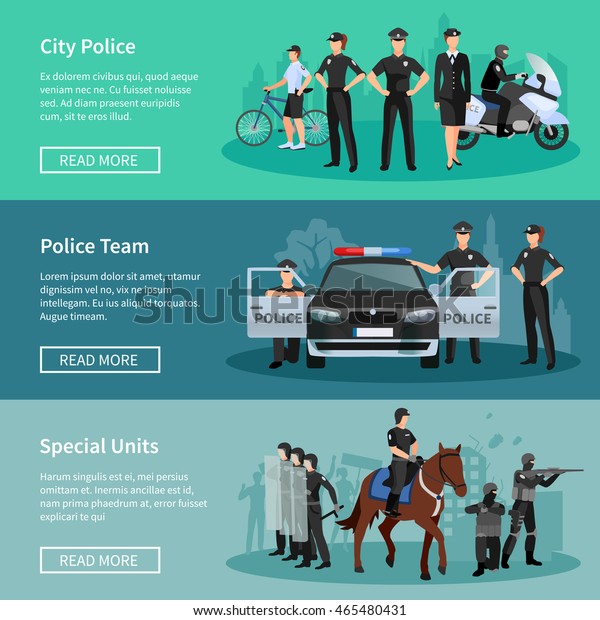 Police people flat horizontal banners set\
of special units mounted police city police and police team with\
official vehicles vector illustration\
