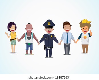 Police and people are holding hand - vector illustration