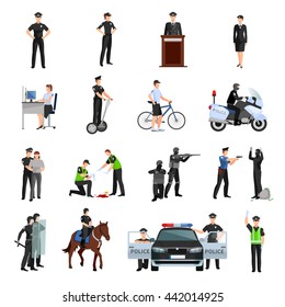 Police people in office and outside flat color icons set with traffic policeman criminalists dispatcher mounted police isolated vector illustration