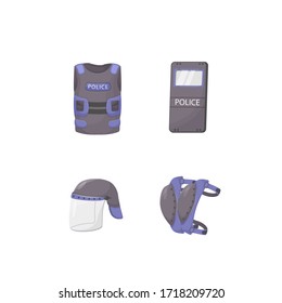 Police personal protective equipment flat color vector objects set. Officer outfit. Attack defense, ballistic protection. Armoring accessories 2D isolated cartoon illustrations on white background