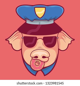 Police Pig eating a donut vector illustration. Police, food, bakery, sweet, animal, funny design concept