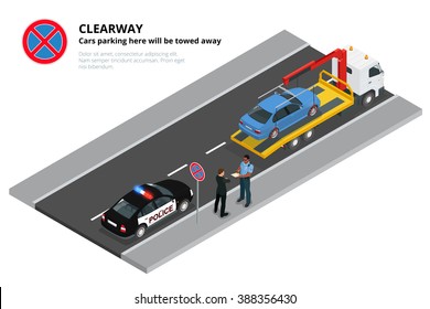 Police prescribes a fine driver and the car takes a tow truck.
Stop sign is forbidden. Flat 3d isometric illustration. For infographics and design 