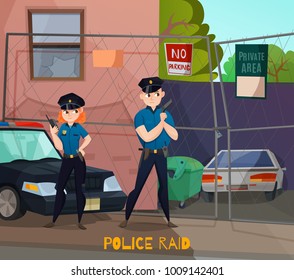 Police profession composition of cartoon urban scenery and two human characters of police workers in uniform vector illustration
