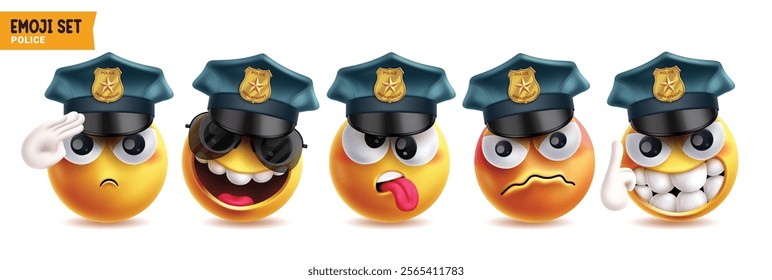 Police profession emoji vector characters set. Emojis police officer wearing cap elements with facial expressions like salute, laughing, tired, angry and giggle clip art yellow icon graphic design. 