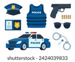Police professional equipment for pursue and capture a criminal. Handcuffs, bulletproof vest, stun gun, pistol gun, truncheon, police badge, car. Vector illustration