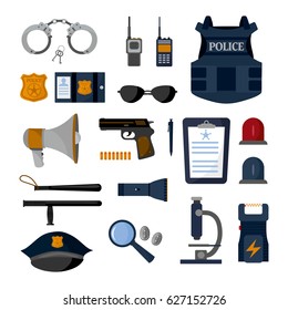 Police professional equipment set. Handcuffs, bulletproof vest, electroshocker, truncheon, badge, weapons and other element.
