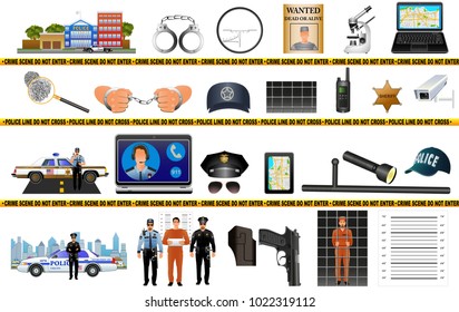 Police professional equipment. Vector set isolated on white background. 