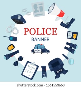 Police professional tools and security equipment round circle vector banner. Handcuffs, bulletproof vest, electroshocker and truncheon, badge, weapons and other police service objects banner, poster.