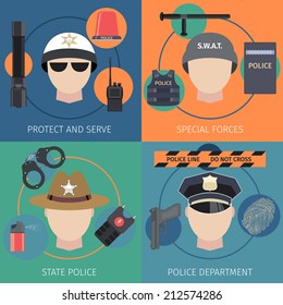 Police protect and serve special forces flat set isolated vector illustration