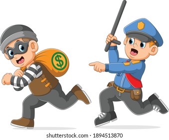 The police is pursue catch the thief holding bag money of illustration