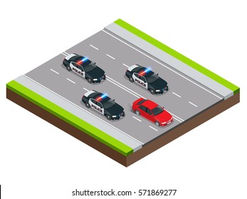 Police in pursuit of a criminal with a stolen car or drunk driving, speeding. Isometric Police Chase vector illustration concept. Law enforcement speeding after criminal. 