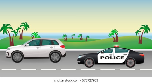 Police pursuit on a road. Police job concept. Police car with flashing lights pursues the offender. Flat style vector illustration...