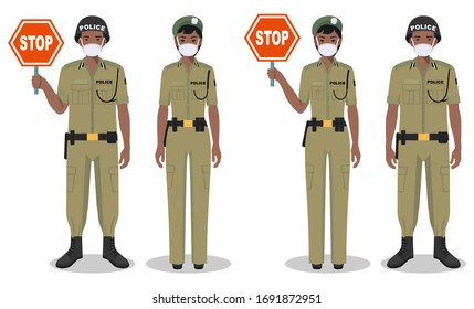 Police and quarantine concept. Couple of african policeman and policewoman in traditional uniforms and protective masks standing together on white background in flat style. Vector illustration.