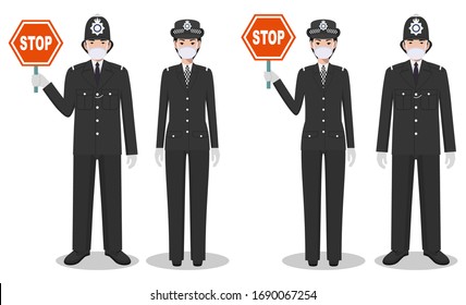 Police and quarantine concept. Couple of british policeman and policewoman in traditional uniforms and protective masks standing together on white background in flat style. Vector illustration.