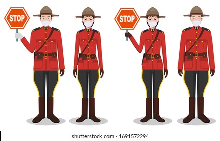 Police and quarantine concept. Couple of canadian policeman and policewoman in traditional uniforms and protective masks standing together on white background in flat style. Vector illustration.