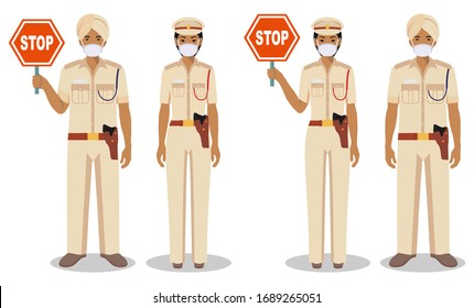 Police And Quarantine Concept. Couple Of Indian Policeman And Policewoman In Traditional Uniforms And Protective Masks Standing Together On White Background In Flat Style. Vector Illustration.