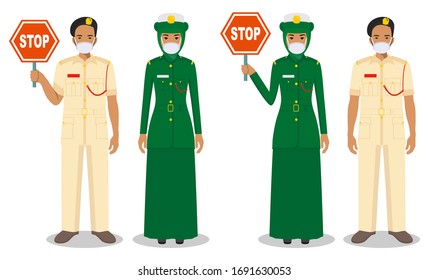 Police and quarantine concept. Couple of muslim arabian policeman and policewoman in traditional uniforms and protective masks standing together on white background in flat style. Vector illustration.