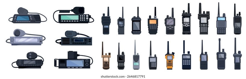  Police radio communication icons set. Various models of portable radio transceivers, showcasing diverse designs and functionalities for seamless communication