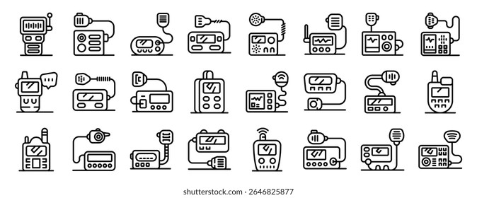  Police radio communication icons set. Icons depicting portable radio transceivers, highlighting different models and features for diverse communication needs