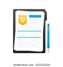 Police report. Clipboard with police badge. Vector stock illustration.