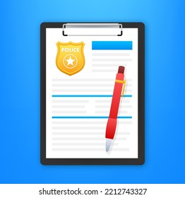 Police Report. Clipboard With Police Badge. Vector Stock Illustration.