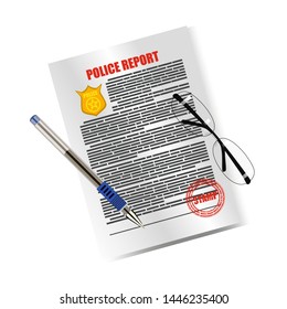 Police report paper, glasses, pen