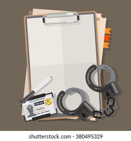 Police report paper with handcuffs. police badge and pen - vector illustration