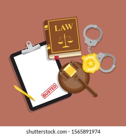 Police report report with red busted stamp on black tablet lies with police handcuffs and legal book, gavel and golden badge on brown background. Vector flat lay illustration