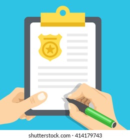 Police Report. Traffic, Parking Fine, Citation, Crime Report, Problems With Police, Subpoena Concepts. Graphic Design For Web Banners, Web Sites, Infographics. Top View. Flat Vector Illustration