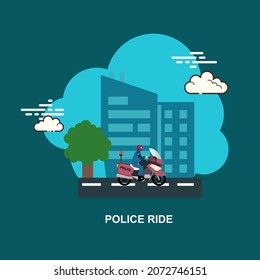 Police ride in bike within city in road flat concept design