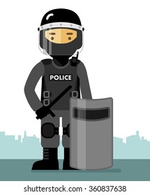 Police Riot Officer In Uniform Standing With Shield And Baton Isolated On White Background In Flat Style