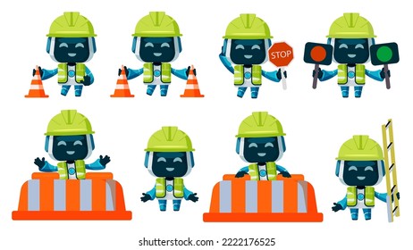 Police robots character vector set design. Robot traffic enforcer with helmet and boxes in standing and holding gestures for ai delivery collection. Vector illustration.
