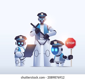 police robots patrol cops in uniform standing together artificial intelligence technology concept