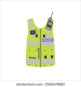 police safety vest jacket, security and worker uniform wear. Green safety waistcoat vector illustration