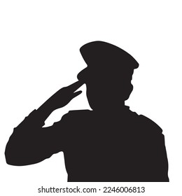 Police with salute pose vector character silhouette illustration isolated on plain white background. Polisi pose hormat. Person drawing with simple flat art style up to chest view.