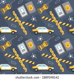 Police Seamless Pattern with Car, Police Radio, Police Line, and Police ID. You can use this design to create poster, tshirt, pillow, tote bag, pouch, phone case, etc.