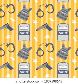 Police Seamless Pattern with Handcuffs, Pistol, Police Vest, and Shield. You can use this design to create poster, tshirt, pillow, tote bag, pouch, phone case, etc.