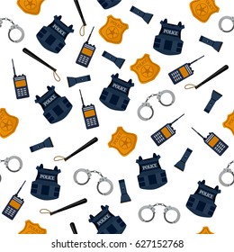 Police seamless pattern. Professional equipment, handcuffs, truncheon, walkie-talkie, bulletproof vest. Police texture or background.