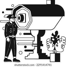 policía con la ilustración de cámara de seguridad al estilo doodle aislado en segundo plano