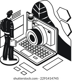 Polizei mit Sicherheitskamera-Illustration im Doodstyle einzeln auf Hintergrund