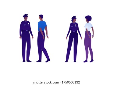 Police security character concept. Vector flat person illustration set. Group of african american people. Man and woman officer with arrested in handcuffs. Design element for banner, infographic, web.